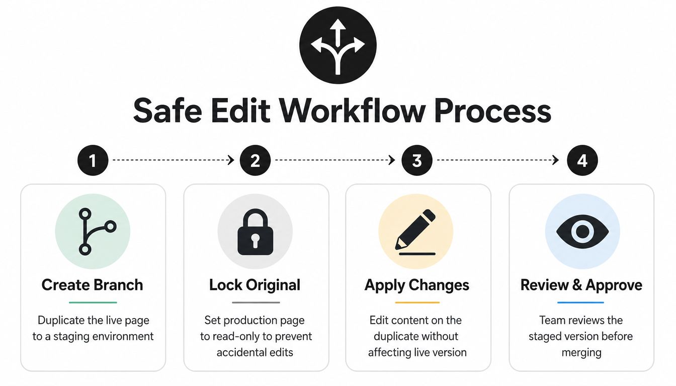 A four-step infographic illustrating a safe website editing workflow process using branching and approval stages.