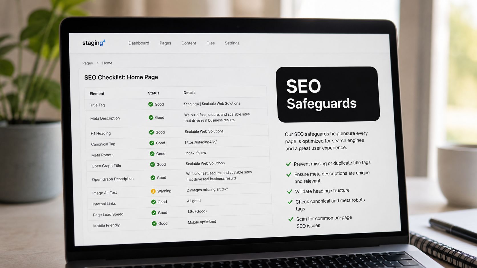 A laptop screen displaying an SEO checklist dashboard for a web page, showing various optimization metrics.